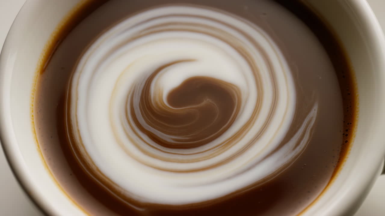 Primo piano di una tazza di caffè con latte che forma un vortice, spirale di latte art in una tazza di ceramica con crema marrone calda e latte bianco cremoso.