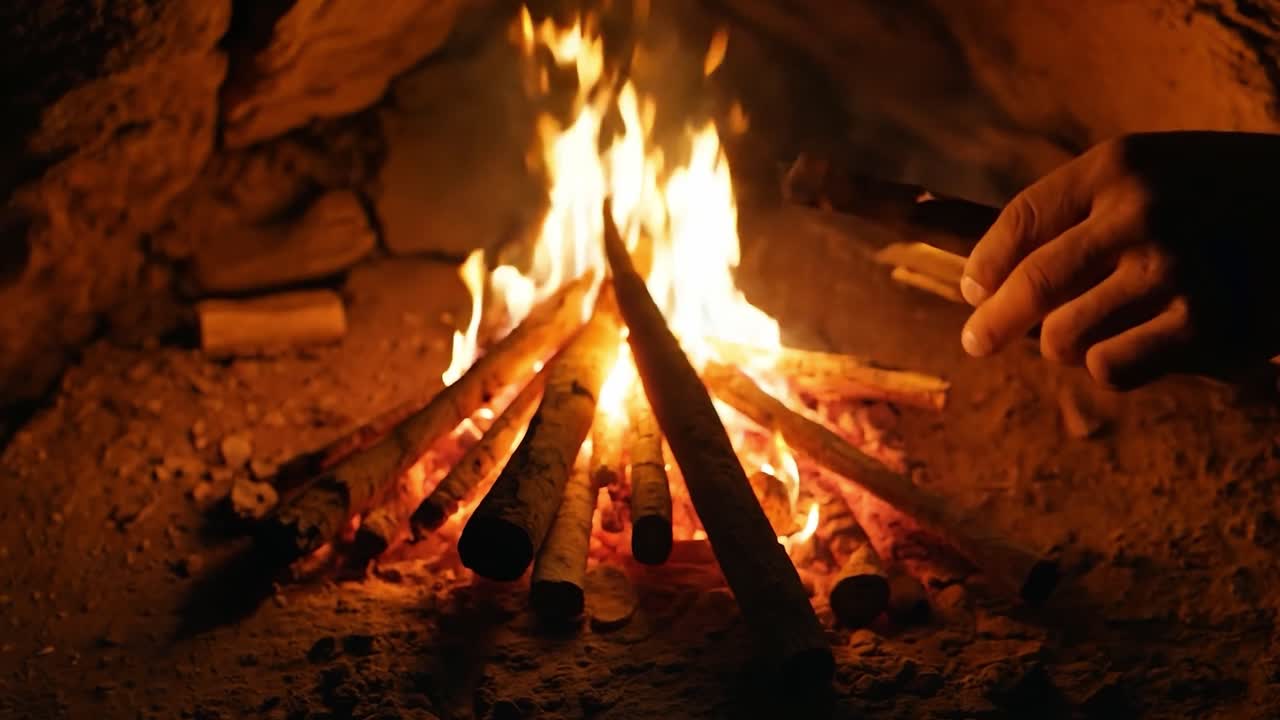 한 손 이 어두운 동굴 에서 걱거리는 캠프 불 에 나무를 추가 하고 있다