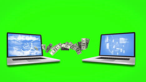 dinero saliendo y entrando de las computadoras portátiles en el fondo de la pantalla verde