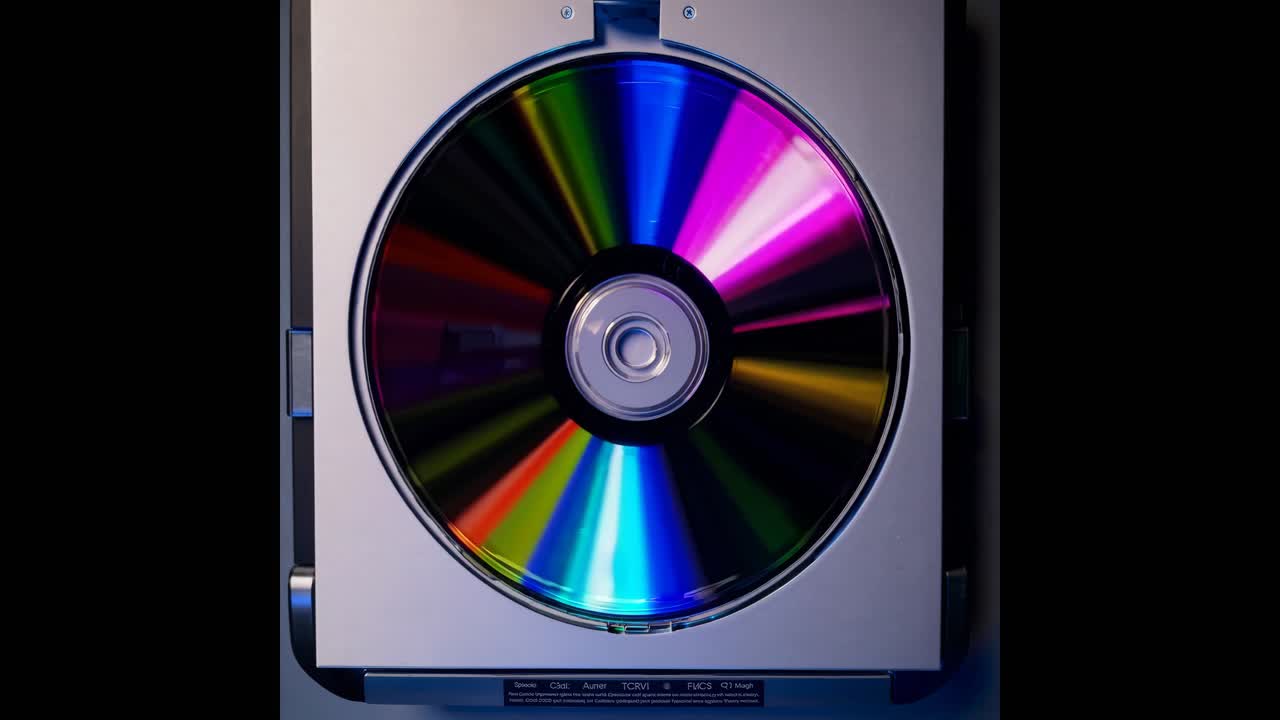 Top-down view of a colorful CD in a player, showcasing vibrant reflections