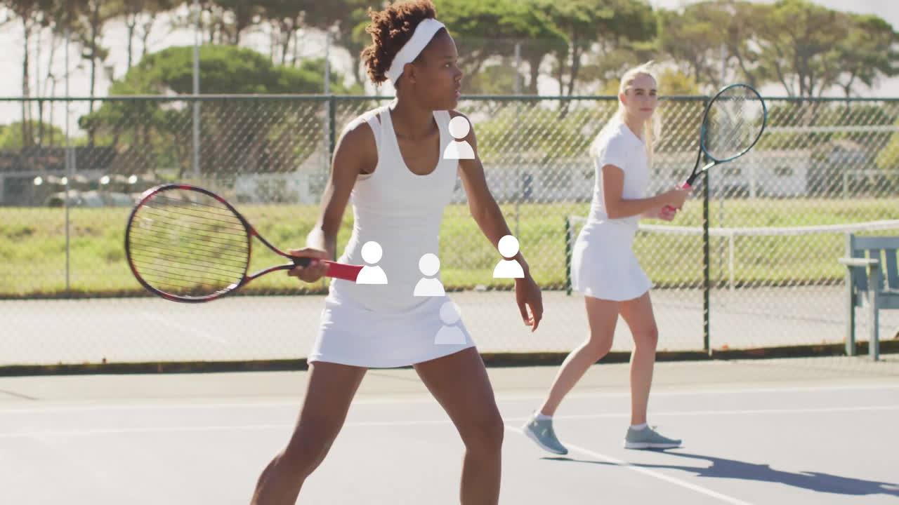 Female tennis teammates practicing sports skills, with animated speed gauge and trajectory lines