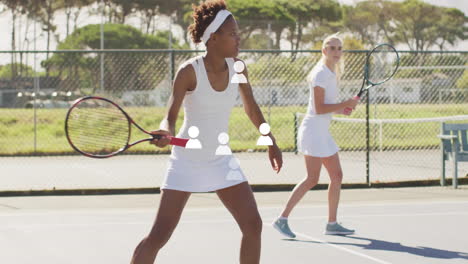 female tennis teammates practicing sports skills, with animated speed gauge and trajectory lines