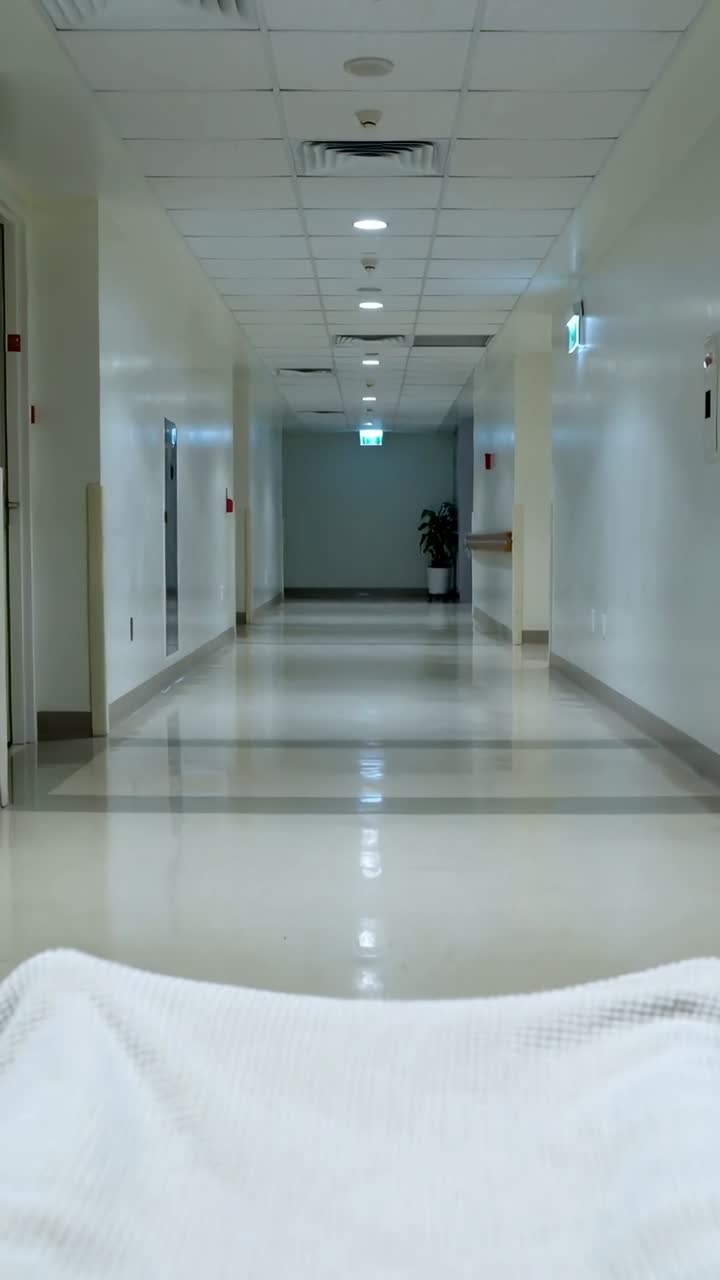 Video vertical: Cámara inclinándose, revelando un pasillo de hospital desde el borde bajo de una manta, con un letrero de salida.