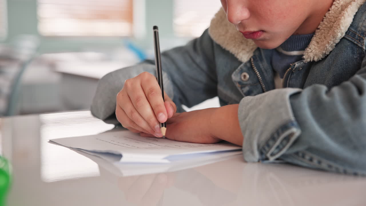 A child writing with a pencil on paper at a desk in a classroom