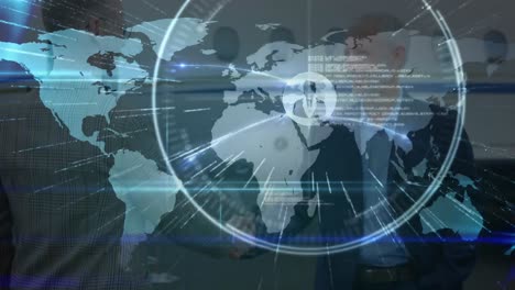 animation of network of connections over world map, airplane and businessmen