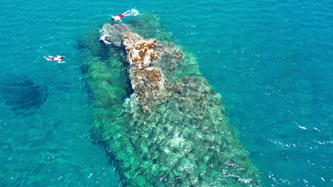 top aerial view of young tourists swimming around