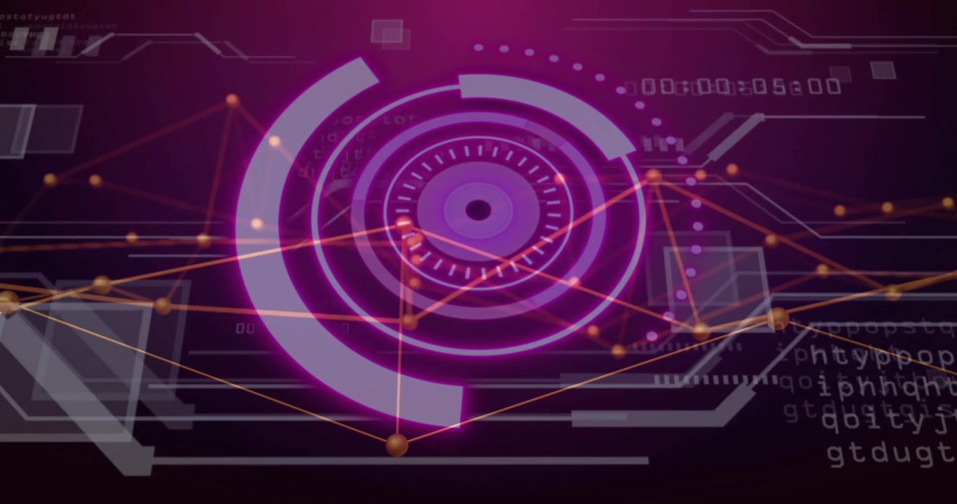 HUD initializing rings, rotating segments, pulsing network, displaying code and time for monitoring