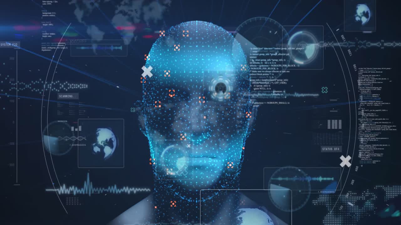 animación de un modelo giratorio de cabeza humana y procesamiento de datos en la interfaz