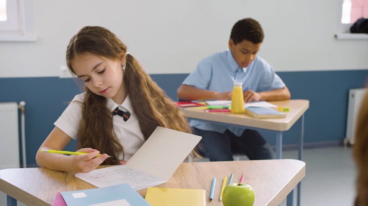 Girl And American Boy Sitting At Desk And Writing In Notebook During English Class At School