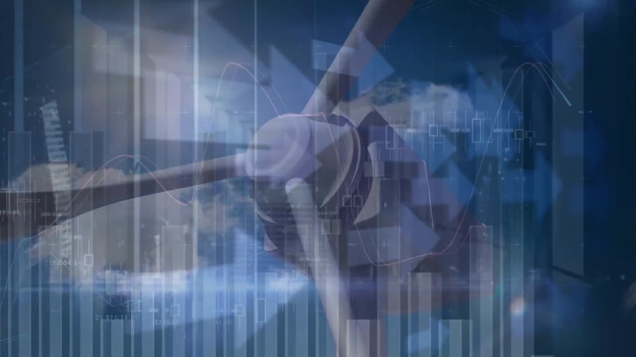 데이터 처리의 애니메이션과 풍력 터빈 위의 화살표