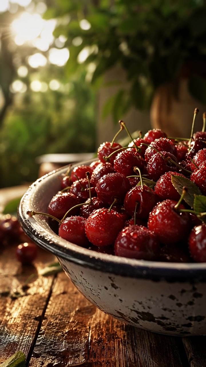 Ripe red cherries remain piled in speckled ceramic bowl on weathered wood while soft golden backlight glows through foliage, creating bright highlights and shallow background blur.