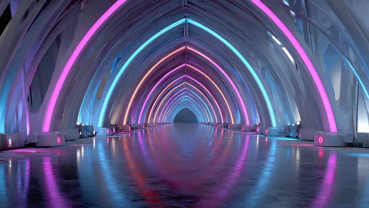 A Stunning Futuristic Archway Bathed in Colorful Neon Lights, Featuring a Long, Reflective Pathway that Extends Into a Mysterious Depth
