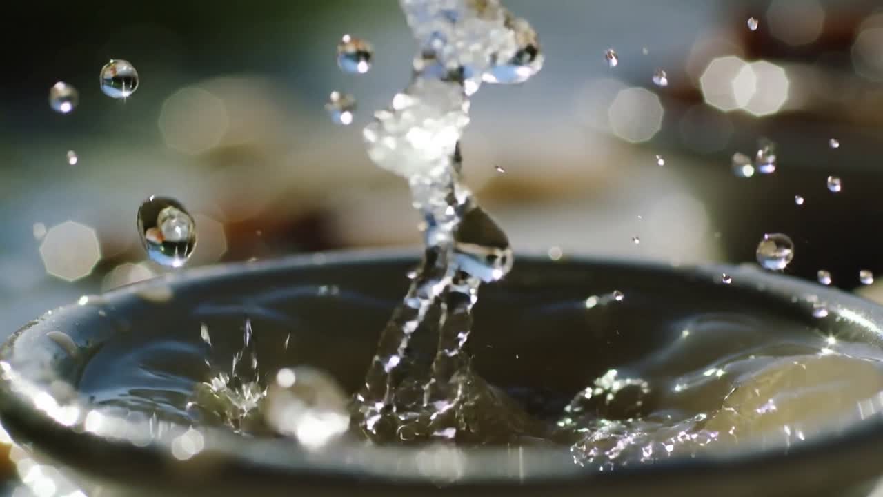 Primo piano di un getto d'acqua in aumento, attivato da una goccia, che forma uno schizzo a corona in una tazza, con increspature e goccioline.