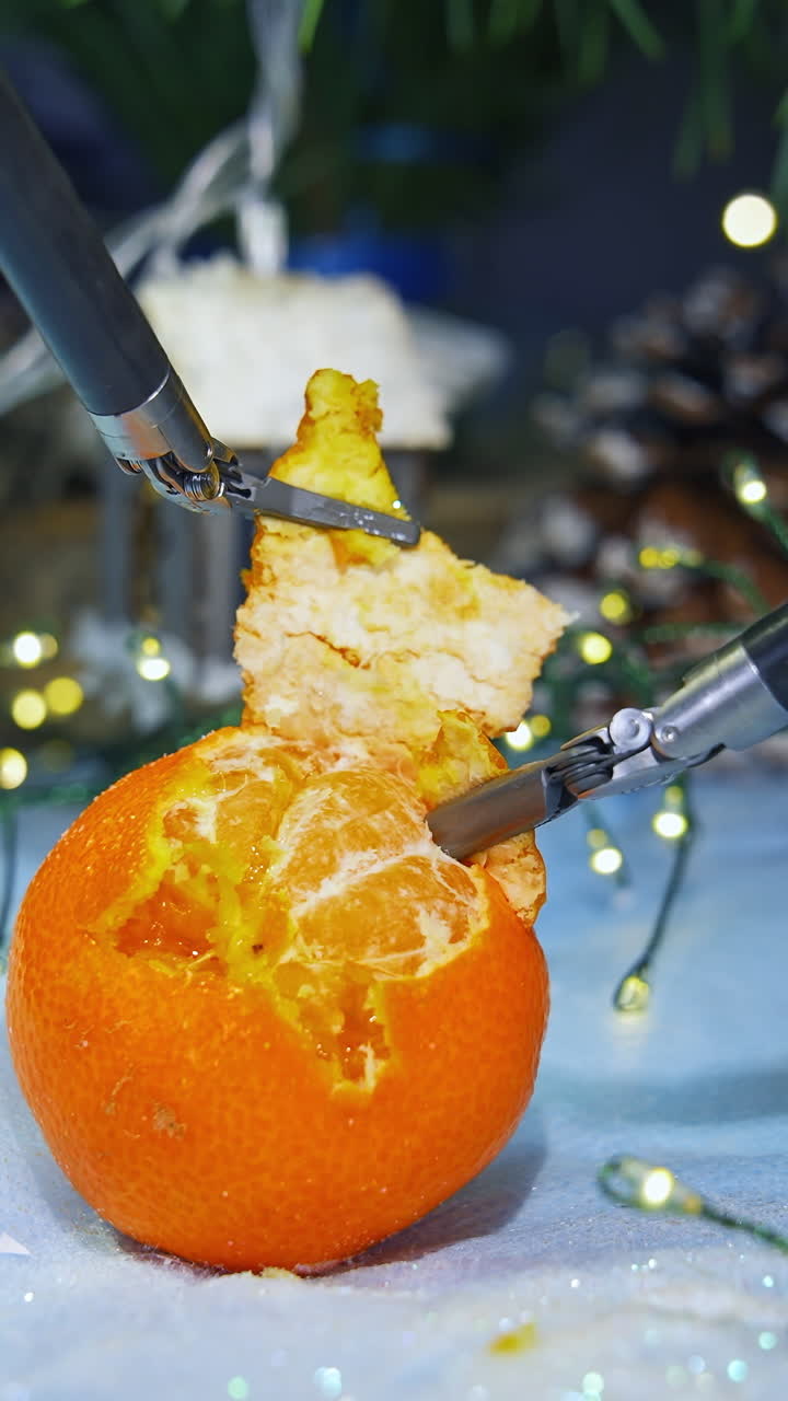 High-tech equipment peeling mandarin. Metal cybernetic tools on Christmas decorations background. Futuristic innovations. Vertical video