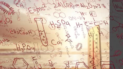 animation of chemical formula over thermometer and sea landscape