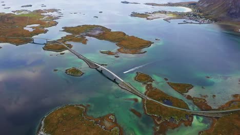 panorama of fredvang bridges connecting islands, lofoten islands, norway