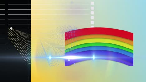 Animation-of-flying-lens-flare-and-wave-pattern-with-rainbow-over-abstract-background