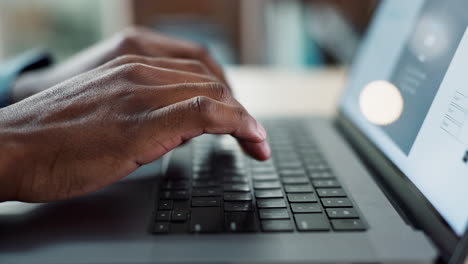 hands typing, laptop keyboard and closeup at desk