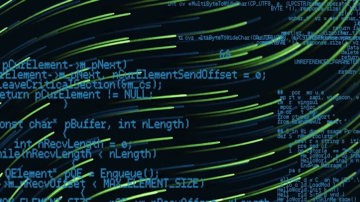 Animation of green light trails and data processing against black background