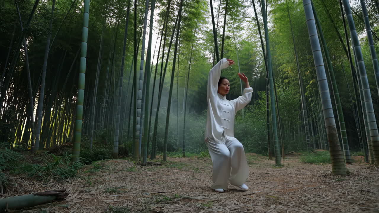 Woman Practicing Tai Chi in a Serene Bamboo Forest