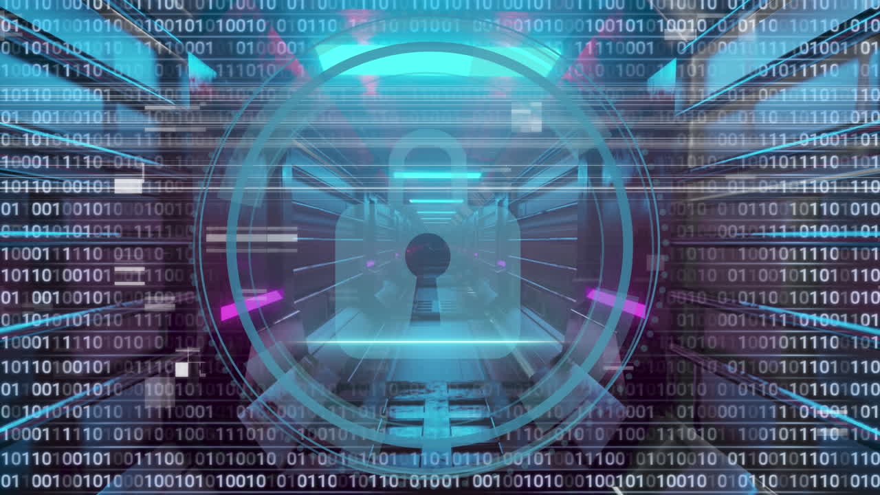 Animation of data processing and padlock icon over digital tunnel