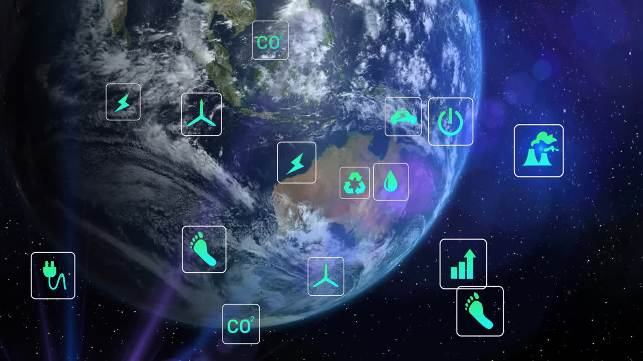 Animation of digital eco icons processing over globe