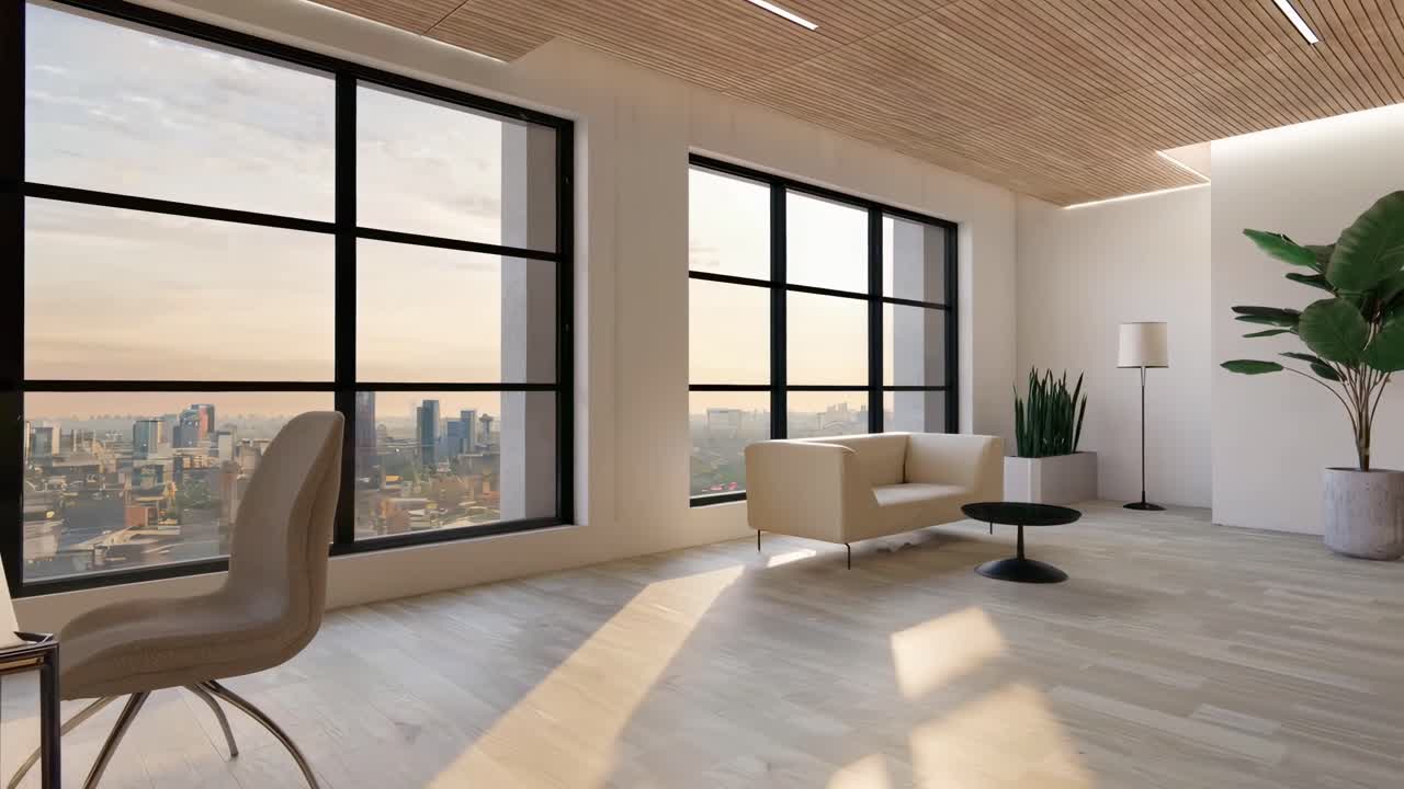 Video grandangolare di un ufficio moderno con grandi finestre, arredi eleganti e luce naturale