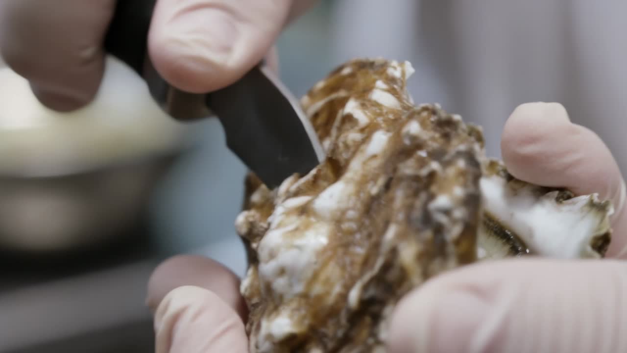 Shucking gloved hands placing oyster knife at hinge, levering and exposing oyster meat for plating