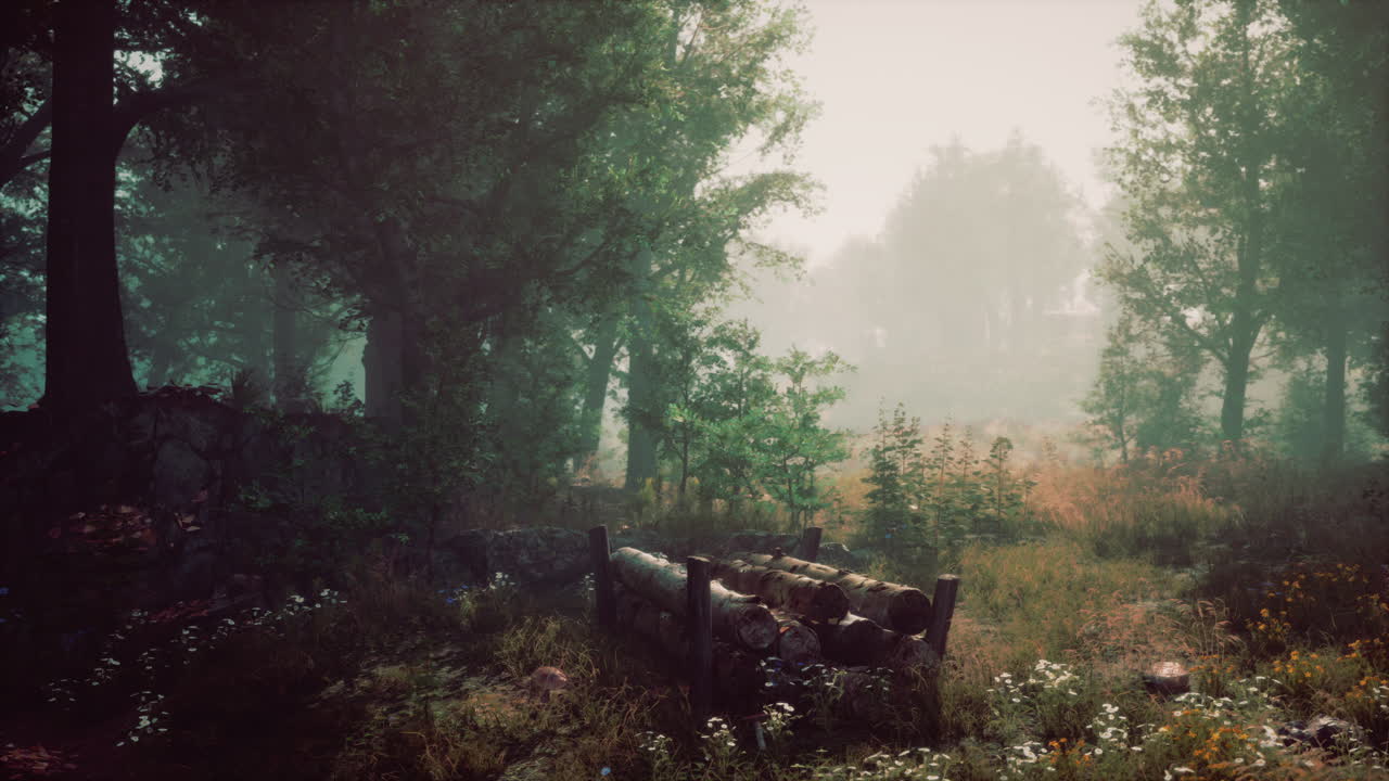 숲 속의 안개가 가득한 아침