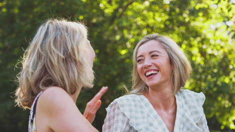 laughing mature mother with adult daughter leaning on fence walking in countryside