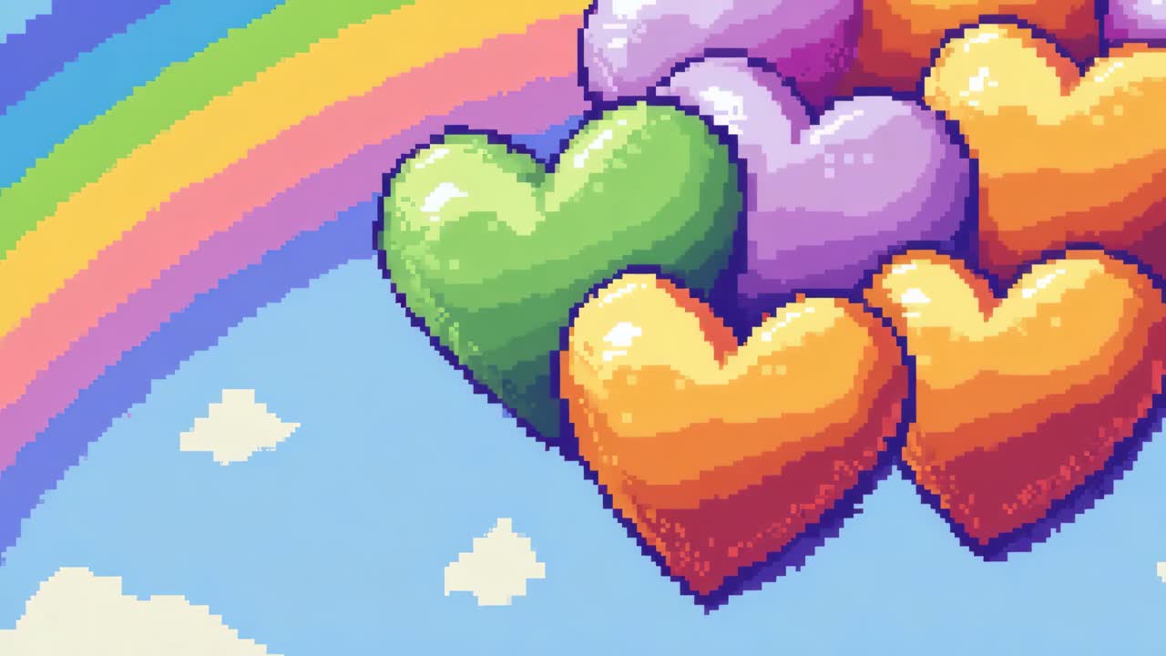 Pixel art style with vibrant hearts and a rainbow, viewed from a top-down angle, reminiscent