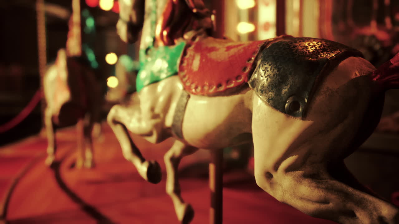 Empty amusement park at night featuring quiet carousel and bright lights