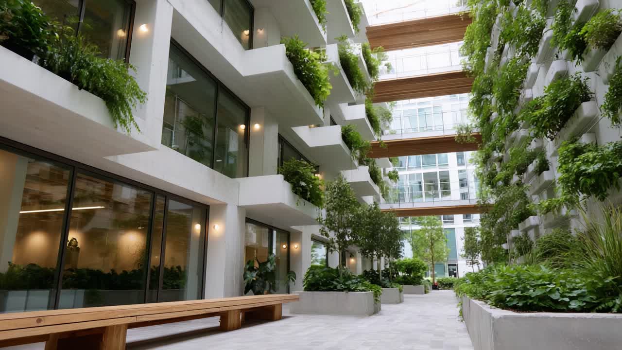 Um oásis urbano sereno: vegetação exuberante e arquitetura moderna em um pátio iluminado, criando espaços de convivência tranquilos e integração com a natureza