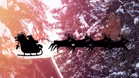 animation of silhouette santa on sleigh flying with reindeer against snow covered trees