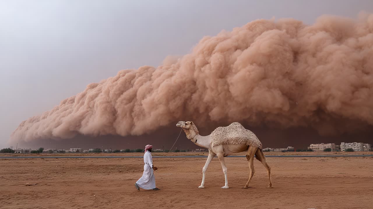 A lone figure walks alongside a camel against the backdrop of a massive dust storm looming ominously, showcasing the dramatic interplay between nature and desert life