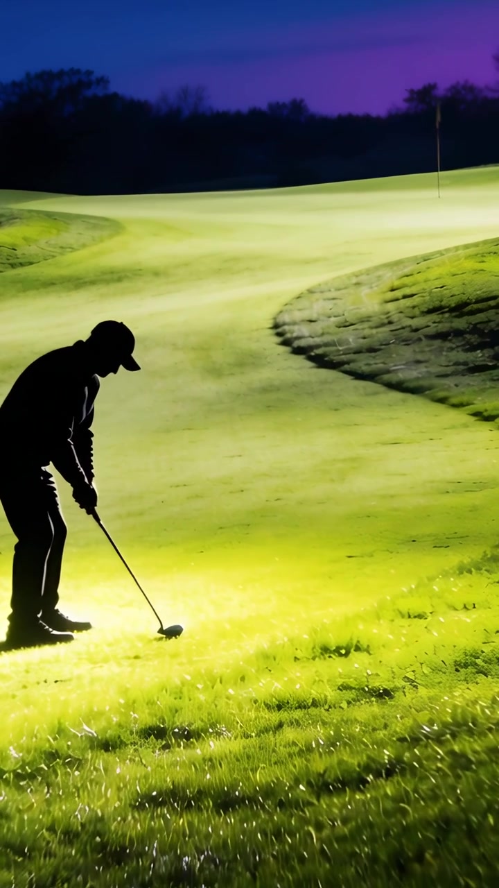 Video verticale: Golfista con cappellino che mira, si prepara per un chip shot sul fairway al tramonto, mazza o palla o bandiera, spazio copia