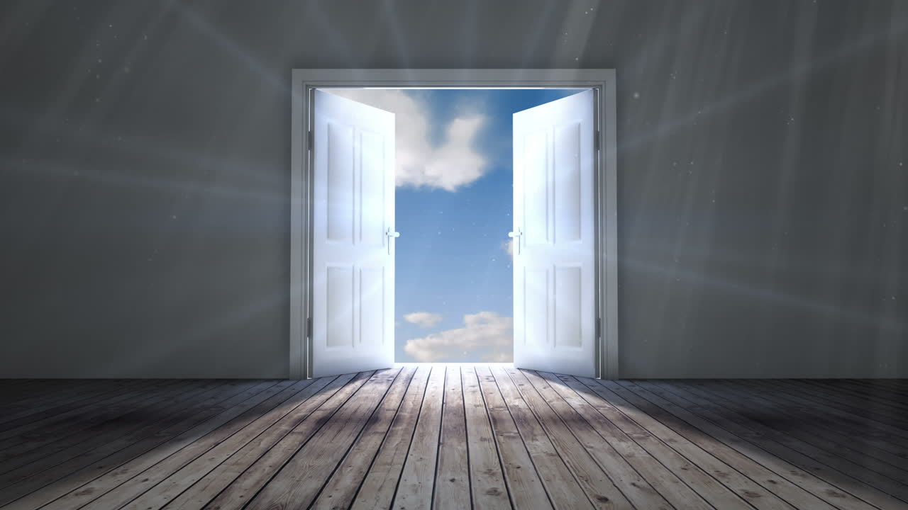 Door opening to blue sky