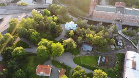 aerial of trollhättan suburb in sweden near olidan power station