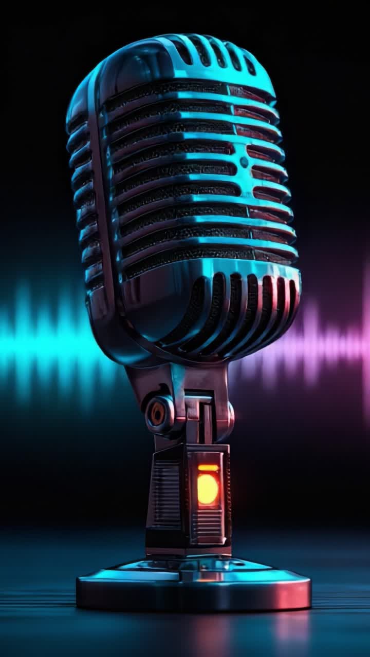 Microfono vintage dinamico catturato in contrasto con vibranti onde sonore, che offre un'esperienza audio ricca in un ambiente moderno.