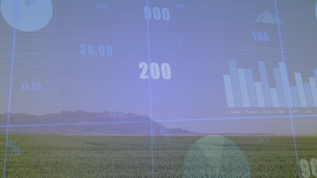 Financial data charts and graphs animation over green field landscape