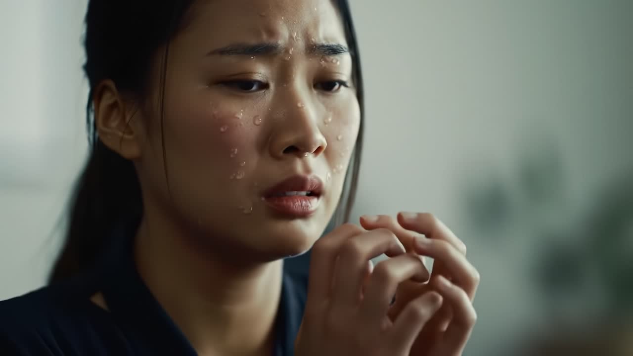 A woman sits in a calm indoor space, visibly distressed and teary-eyed, lost in her thoughts as she fidgets with her hands. Tension and emotion fill the atmosphere.