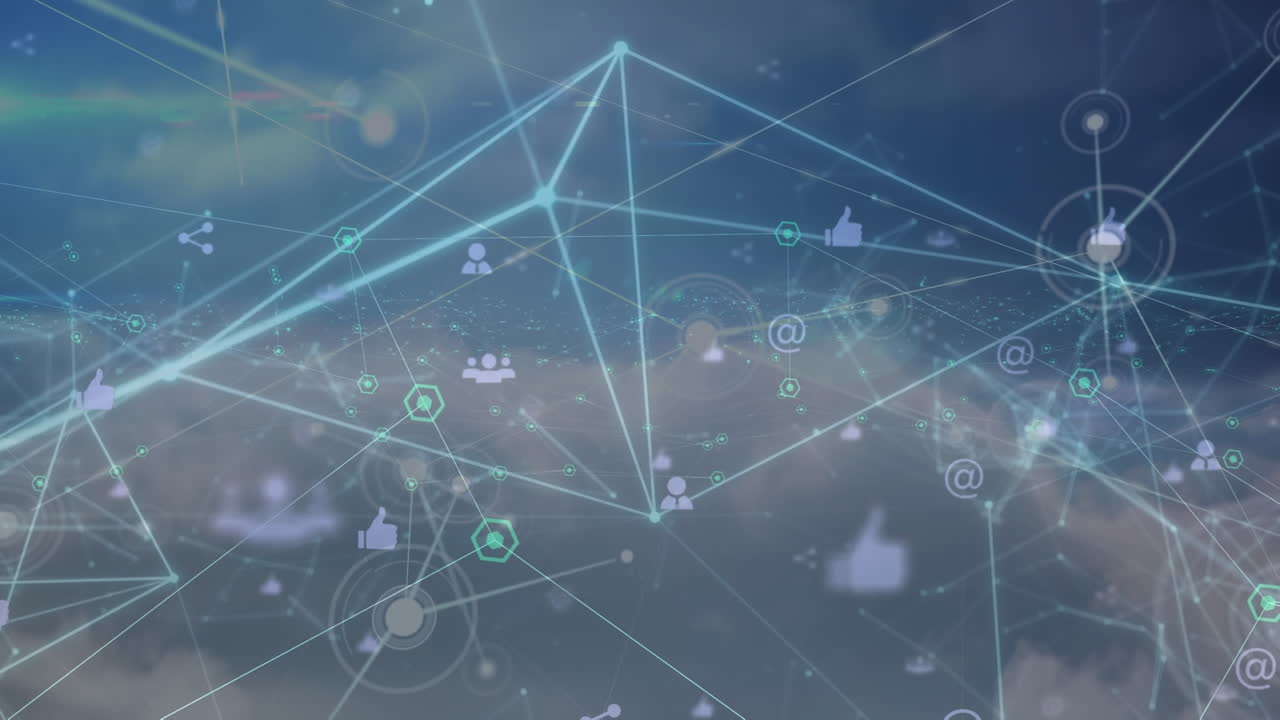 animación de la red de conexiones con iconos sobre fondo azul