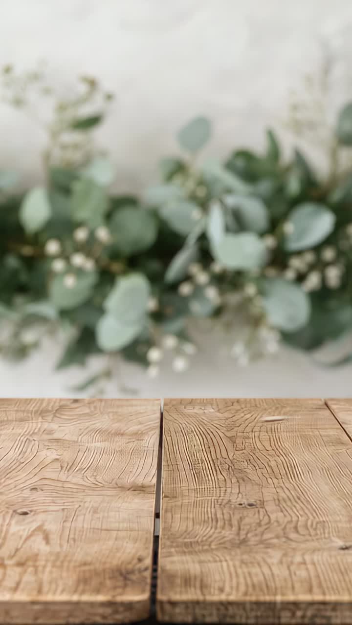 Vertical video: Moving lens tuning focus and framing over table in studio, eucalyptus garland