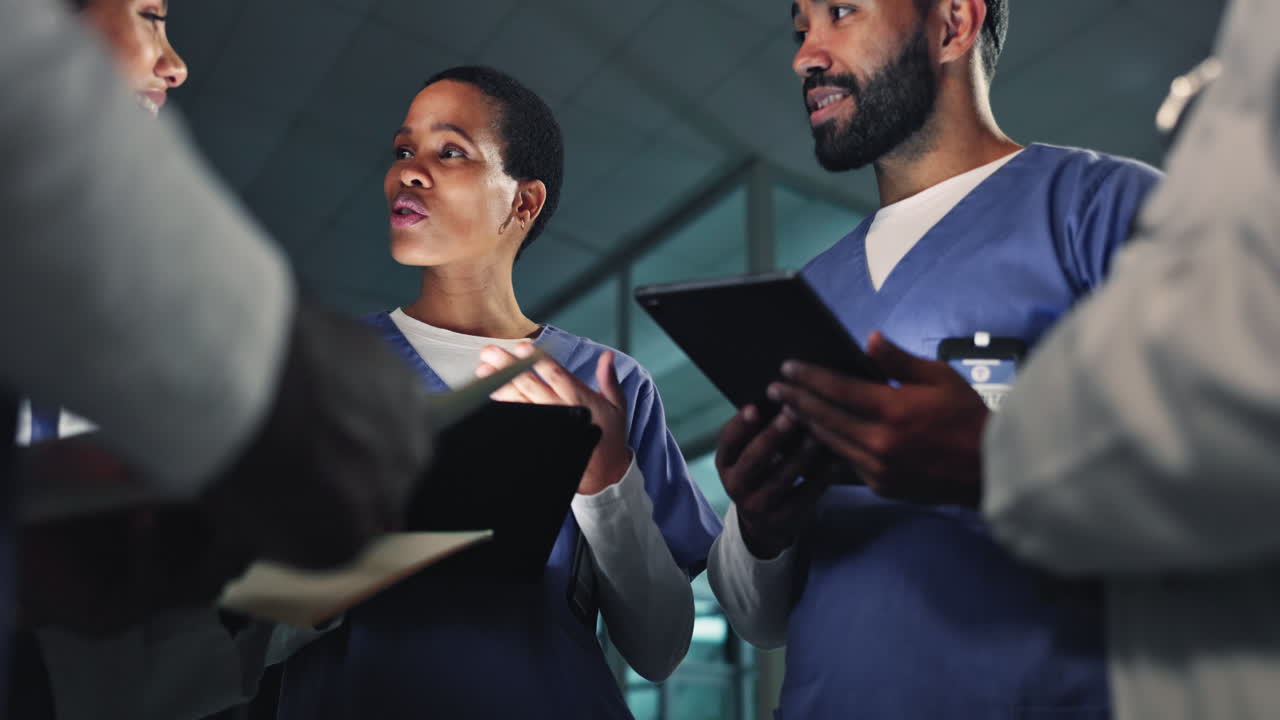 Doctor, team and meeting at night in planning