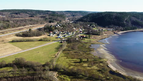 Flying-Towards-Small-Coastal-Village-in-Sweden,-Saltkallab,-Bohuslan,-Sweden