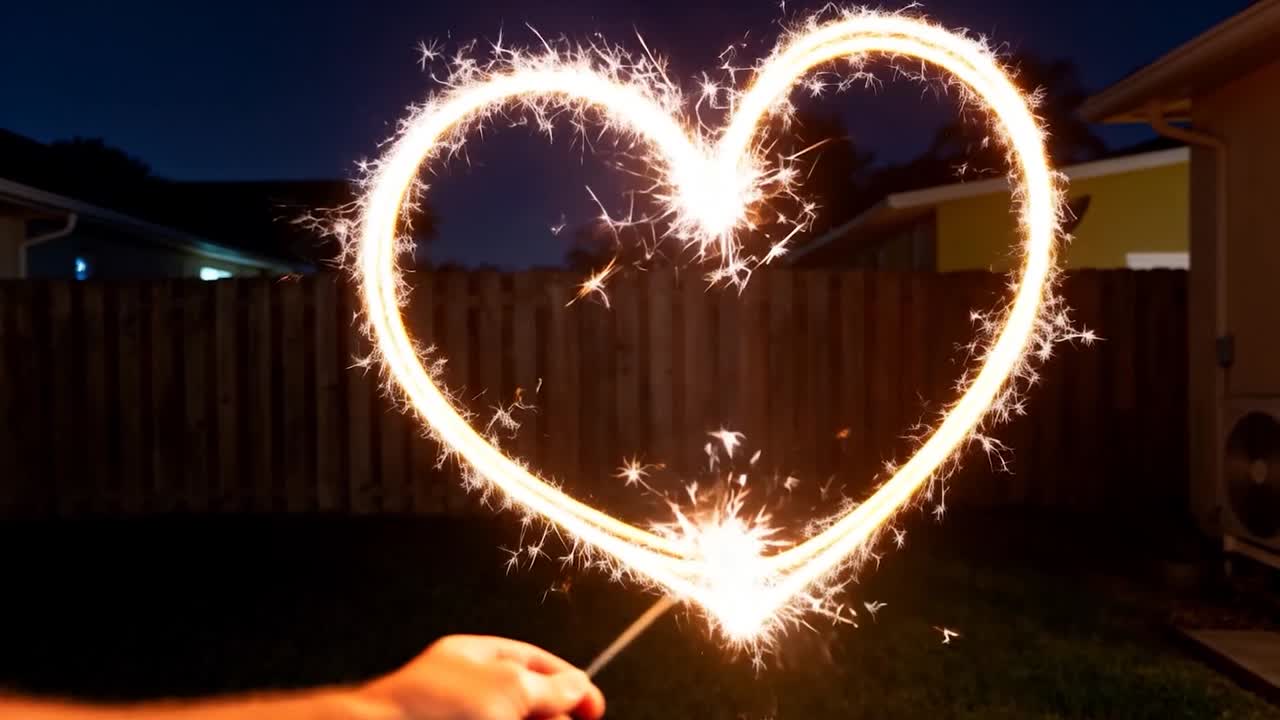 Con el brazo extendido desde la izquierda, persona moviendo una bengala en un patio trasero cercado, dibujando una forma de corazón brillante