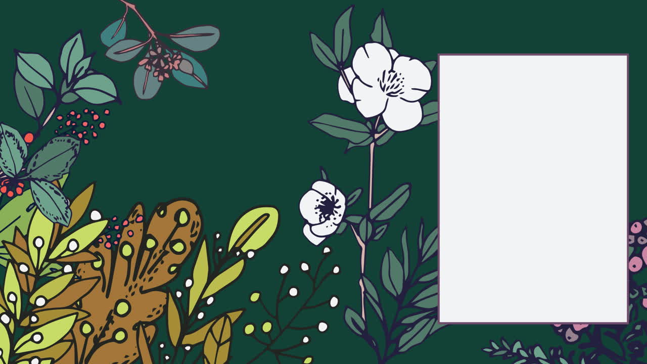 녹색 배경 에 식물 과 꽃 이 있는 사본 공간 을 가진 크리스마스 인사 카드 의 애니메이션