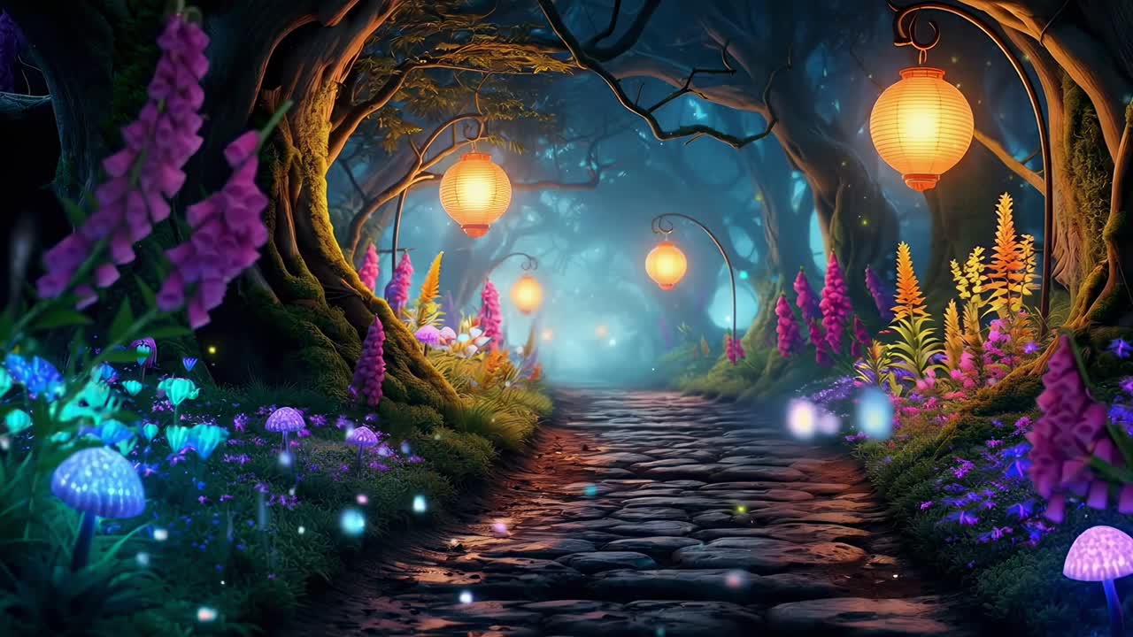 Enchanting forest path with glowing lanterns, low-angle view, perfect for a fantasy video