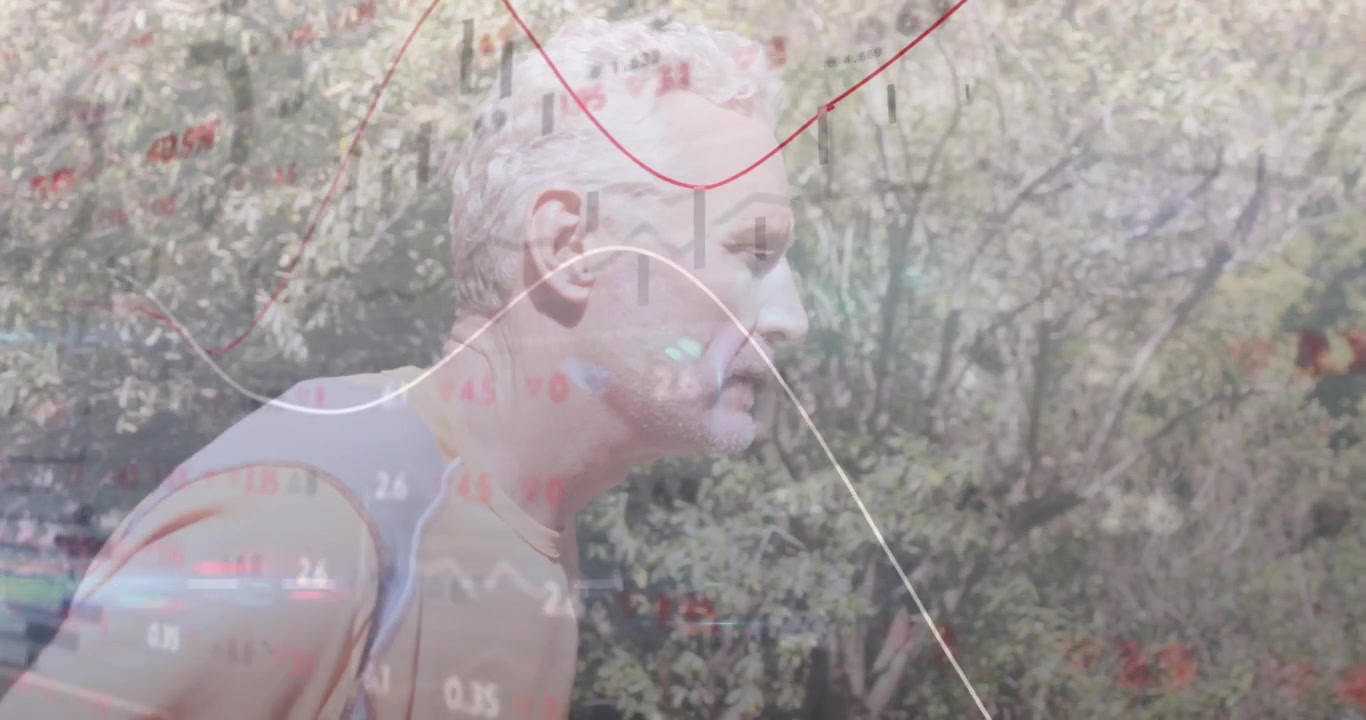 Financial Data Overlay on Senior Man Exercising in Park