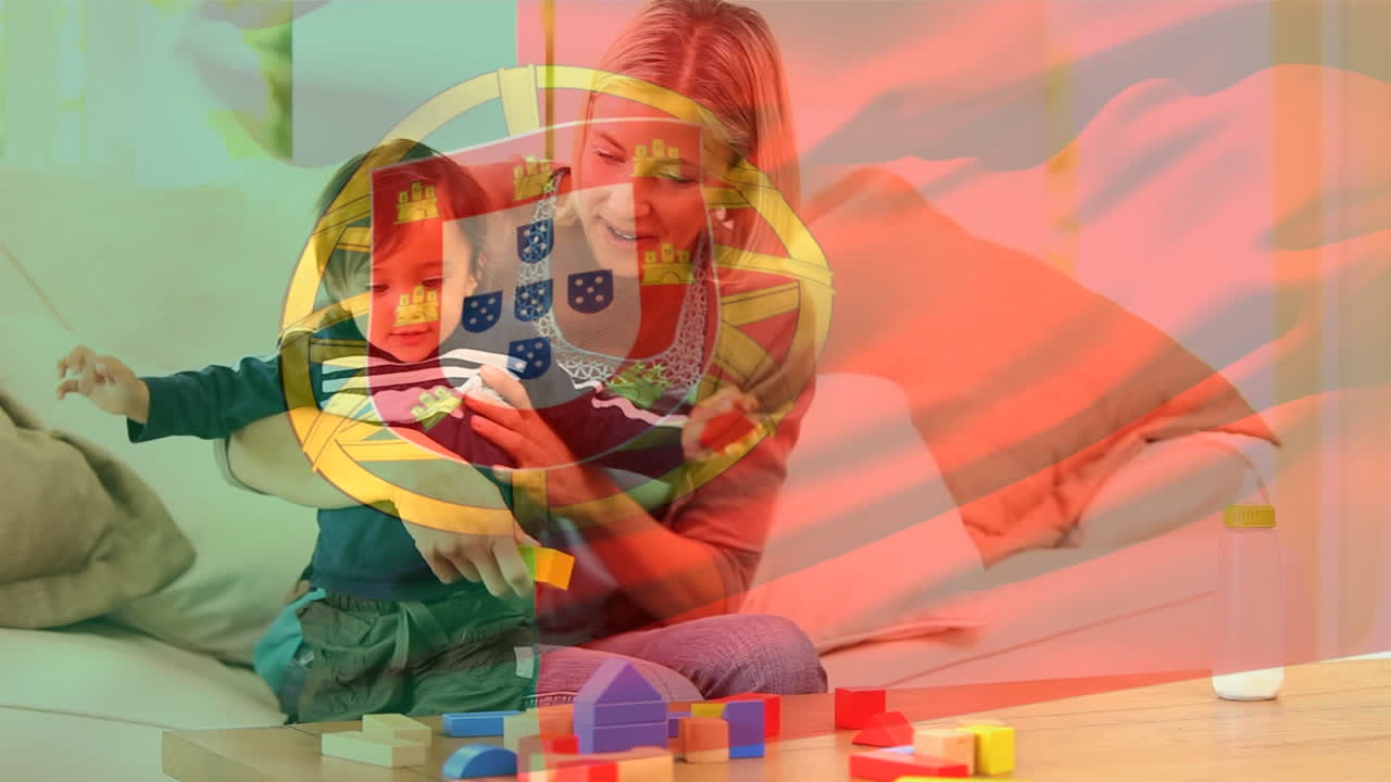 video compuesto de agitar la bandera de portugal contra una madre caucásica jugando con su hijo en casa